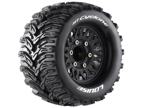 Louise RC MT-Cyclone Tyres Pre Glued on Black Wheels With Adjustable 12/14/17mm Hex (2) — image 1 of 5