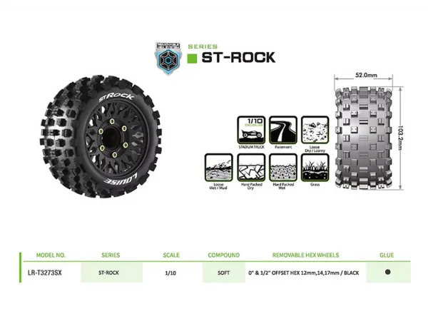 Louise RC ST-Rock Tyres Pre Glued on Black Wheels With Adjustable 12/14/17mm Hex (2)