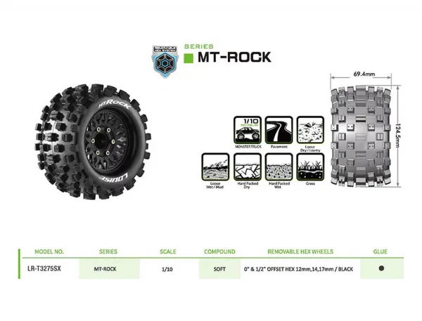 Louise RC MT-RockTyres Pre Glued on Black Wheels With Adjustable 12/14/17mm Hex (2)