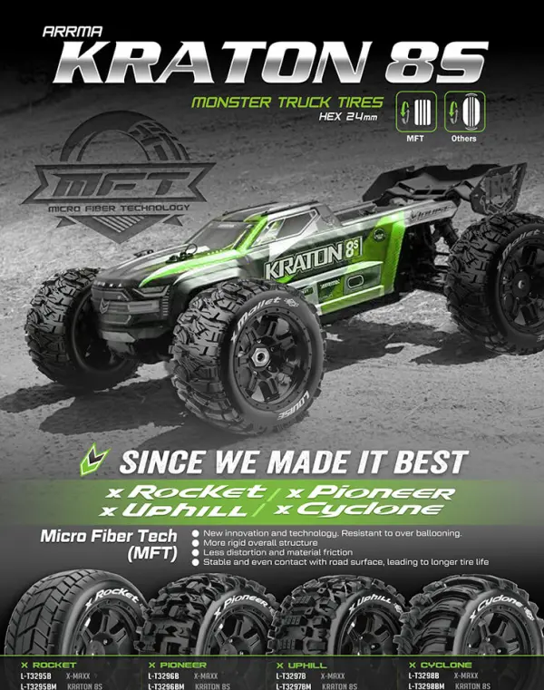 Louise RC X-Mallet Tyres Mounted on Black Arrma Kraton 8S 24mm Hex Wheels (2) — image 3 of 4