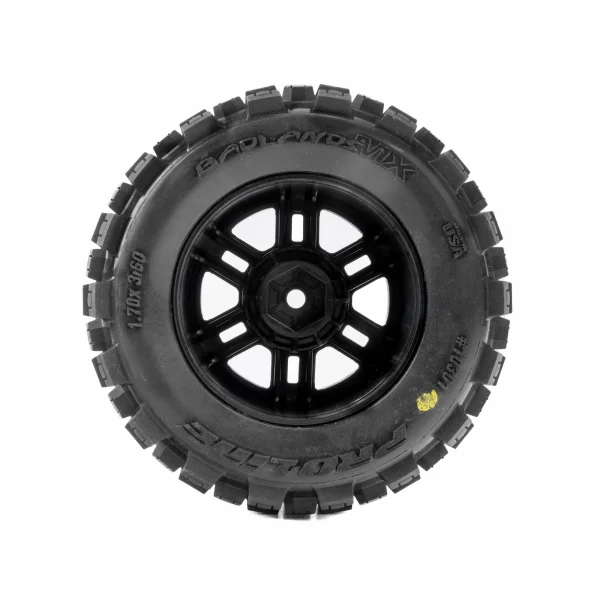 ProLine Badlands Tyres Mounted on 12mm Hex Black Split Six Wheels (2)