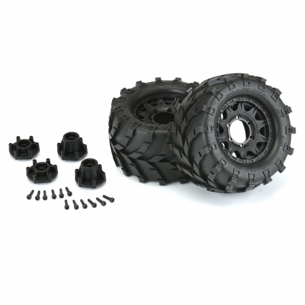 ProLine Masher 2.8 Tyres Mounted on Black Raid 6X30 Removable Hex Wheels - 12mm Hex