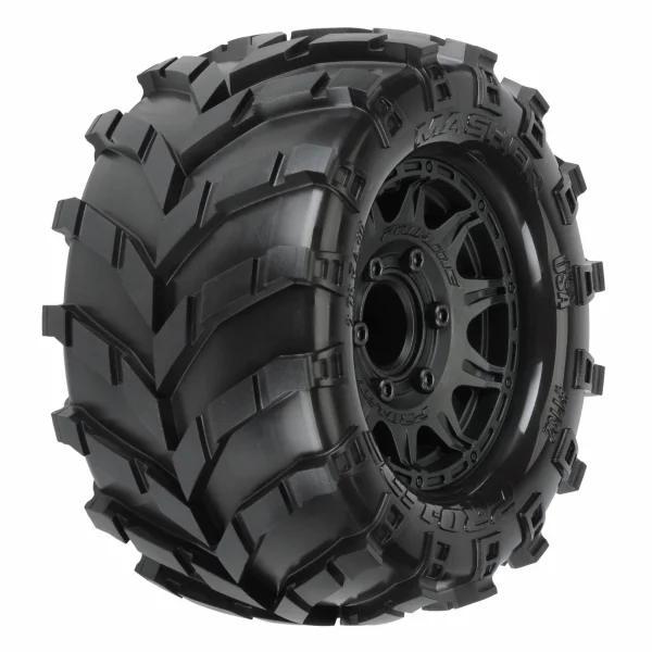 ProLine Masher 2.8 Tyres Mounted on Black Raid 6X30 Removable Hex Wheels - 12mm Hex