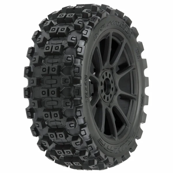 ProLine Badlands MX M2 Tyres Pre-Mounted on Mach 10 Black 1:8 Buggy Wheels (2)