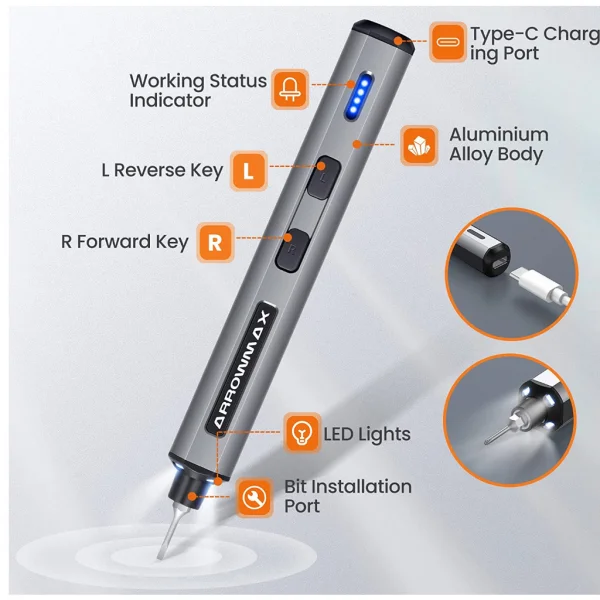 Arrowmax SES Mini Grey Electric Screwdriver - 28 Bits