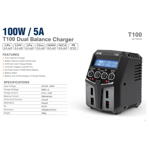 SKYRC T100 AC 100W Dual Balance Charger	