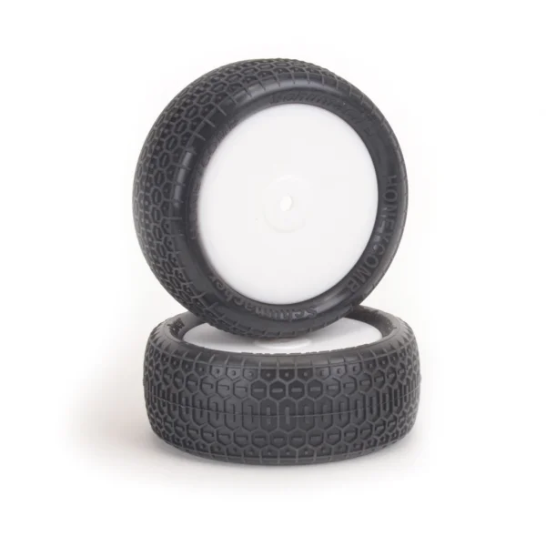 Schumacher Honeycomb Tyres - Yellow - Pre Glued on 1:10 4WD Front Buggy Wheels With Cragg Inserts (2)