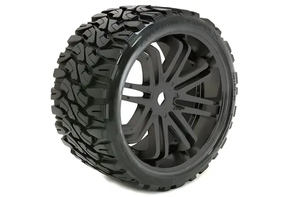 Sweep Terrain Crusher Belted Tyres Mounted on Black 17mm Hex 1/4 Inch Offset Wheels (2) — image 1 of 2