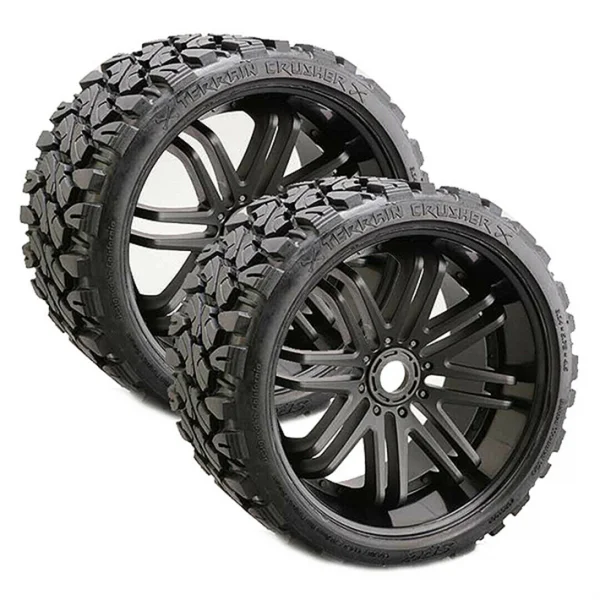Sweep Terrain Crusher Belted Tyres Mounted on Black 17mm Hex 1/4 Inch Offset Wheels (2)