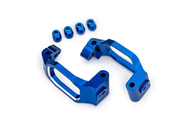 Traxxas Caster blocks, 6061-T6 aluminium (blue-anodised), left + right, 4x22mm pin (4), 3x10mm BCS (with threadlock) (4), retainers (4) — image 2 of 2