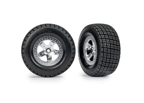 Traxxas Tyres + wheels, assembled, glued (SCT, satin chrome wheels, beadlock type (dual profile 2.2in outer 3.0in inner, Hoosier tyres, foam inserts) (2) (4WD front/rear, 2WD rear only) — image 2 of 2