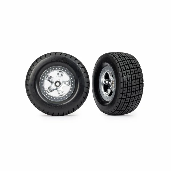 Traxxas Tyres + wheels, assembled, glued (SCT, satin chrome wheels, beadlock type (dual profile 2.2in outer 3.0in inner, Hoosier tyres, foam inserts) (2) (2WD front)