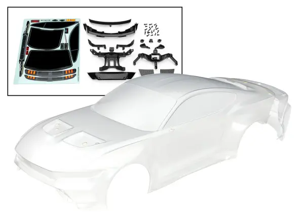 Traxxas Body, Ford Mustang (clear, trimmed, requires painting)/ decal sheet (includes side mirrors, spoiler, grilles, vents, hardware, + clipless mounting) — image 2 of 2