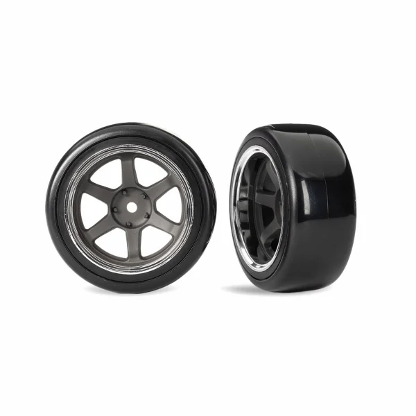 Traxxas Tyres + wheels, assembled (six spoke graphite gray wheels w/chrome rim, 1.9 Drift tyres (2 dots, soft, smooth surfaces) (wide, rear) (2) ** CLEARANCE **