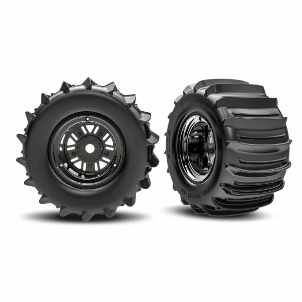 Traxxas Wheels + Tyres, assembled, glued (Pro Scale Sand Car Race black chrome wheels, belted paddle tyres, dual profile (3.6 outer, 4.7 inner), foam inserts) (rear) (1 left, 1 right)