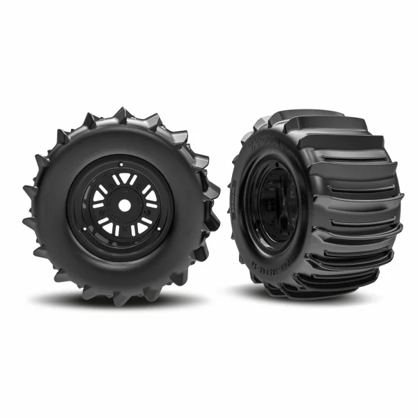 Traxxas Wheels + Tyres, assembled, glued (Pro Scale Sand Car Race black wheels, belted paddle tyres, dual profile (3.6 outer, 4.7 inner), foam inserts) (rear) (1 left, 1 right)