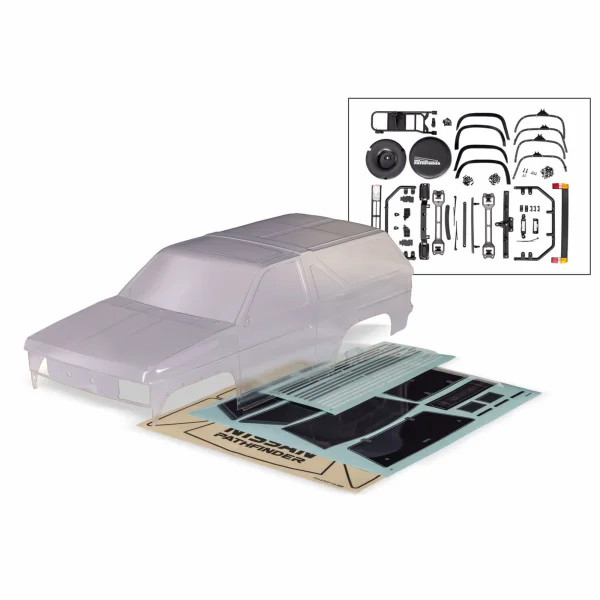 Traxxas Body, Nissan Pathfinder (1988) (clear, requires painting)/ decals/ window masks (includes grille, side mirrors, door handles, windshield wipers, clipless mounting, hardware) (requires 8080X inner fenders)