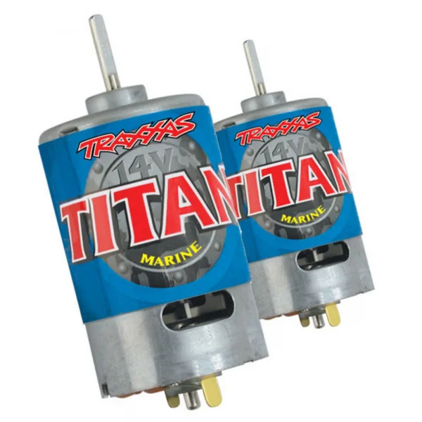 Traxxas Titan marine 550 motor fan-cooled 14 volts 24-turns. Includes motor capacitors. Does not include wires or connectors (requires soldering)
