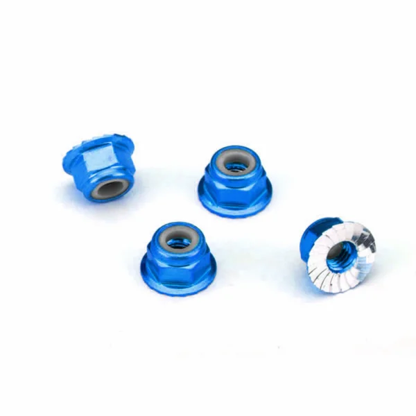 Traxxas Blue Anodised Aluminium M4 Nuts - Flanged Nylon Locking Serrated (4)