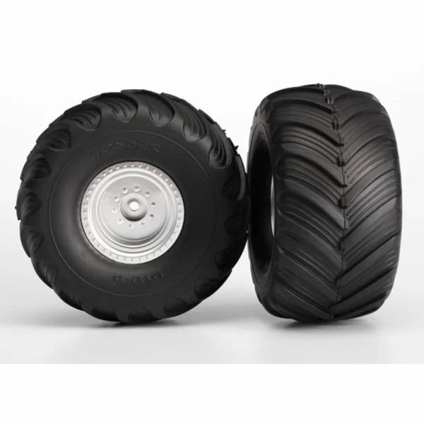 Traxxas Tires wheels assembled glued (satin chrome wheels Terra Groove dual profile tires foam inserts) (nitro rear/ electric front) (2)