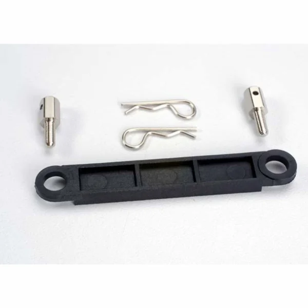 Traxxas Battery hold-down plate (black)/ metal posts (2)/body clips (2)