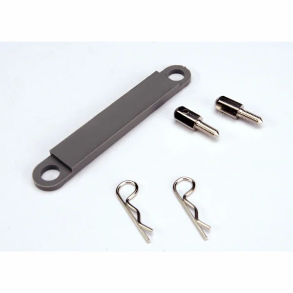 Traxxas Battery hold-down plate (grey) / metal posts (2) / body clips (2)