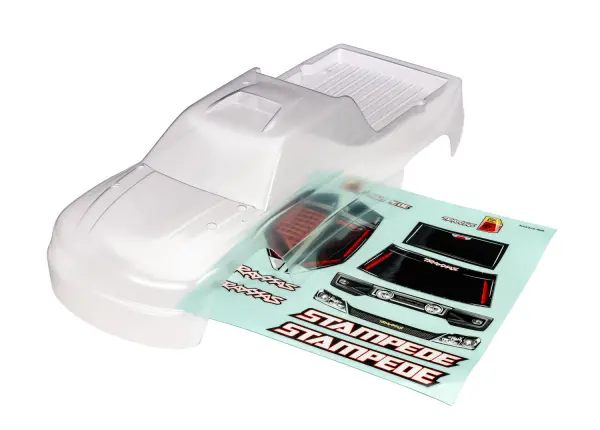 Traxxas Body, Stampede (also fits Stampede VXL) (clear, requires painting)/ window, lights, grille decal sheet (for clipless mounting) — image 2 of 2