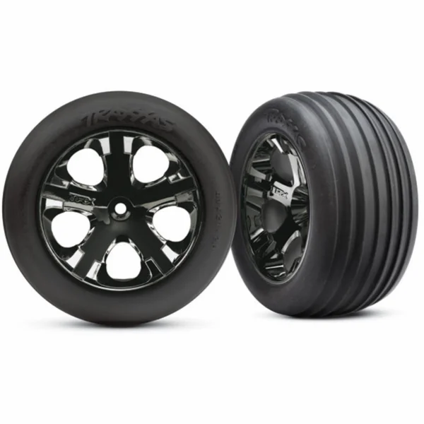 Traxxas Alias Ribbed tires All Star black chrome wheels foam inserts (assembled and glued) (front) — image 1 of 2