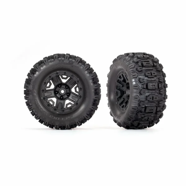 Traxxas Tyres + wheels, assembled, glued (black 28 wheels, Sledgehammer Tyres, foam inserts) (electric rear) (2) (TSM rated)