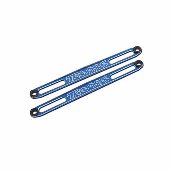 Traxxas Hold downs battery (blue-anodized) (2)/ adhesive foam battery pads/ shoulder screws (2)/battery hold-down posts (4)/ clips (4)