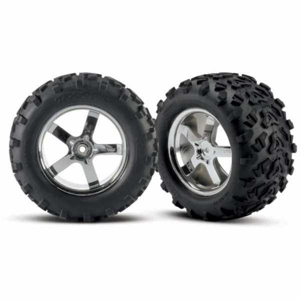Traxxas 6.3 Inch MAXX Tyres - Pre Glued On 3.8 Chrome Hurricane Wheels - Pair - 14mm Hex