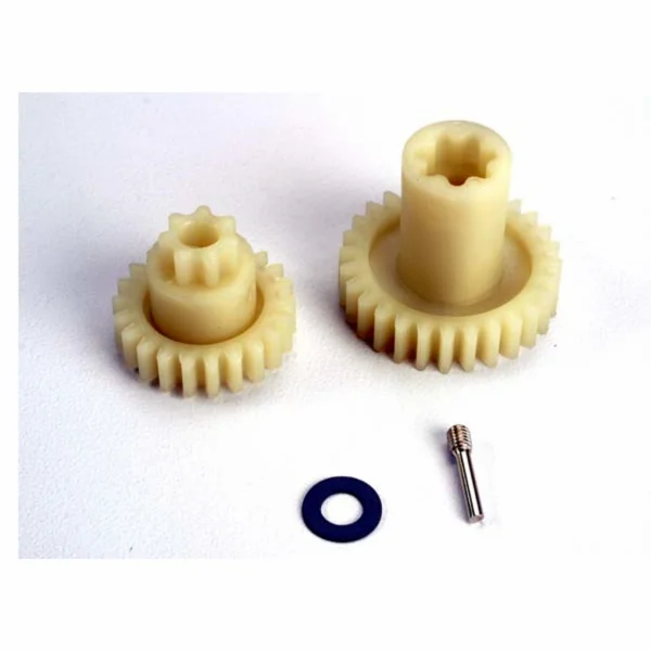 Traxxas Primary gears: forward (28-T)/ reverse (22-T)/ set screw yoke pin M3/12 (1)/ 5x10x0.5mm PTFE-coated washer (1)