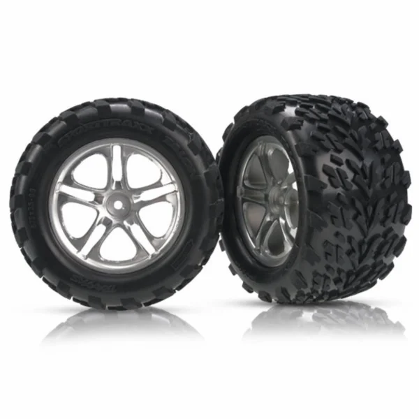 Traxxas Talon Tyres Pre-Glued On Split Spoke Satin Chrome Wheels (pair)