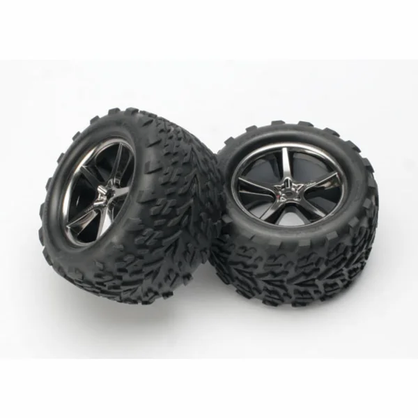 Traxxas Talon Tyres Pre-Glued On Black Gemini Chrome Wheels - Pair
