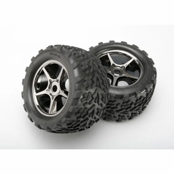 Traxxas Talon tires Gemini black chrome wheels foam inserts (assembled glued) (2) (use with 17mm splined wheel hubs nuts) (TSM rated)