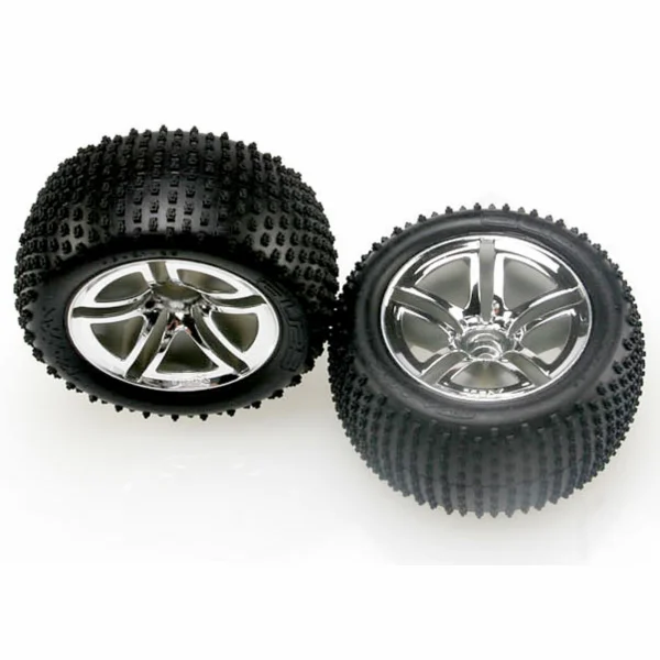 Traxxas Alias tires Twin-Spoke chrome wheels foam inserts (assembled and glued) (nitro rear) (2)