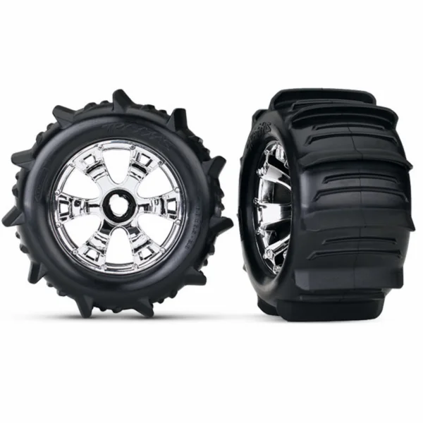 Traxxas Revo/MAXX Paddle Tyres Assembled on Geode Chrome 17mm Splined Hex Wheels - 1 Pair