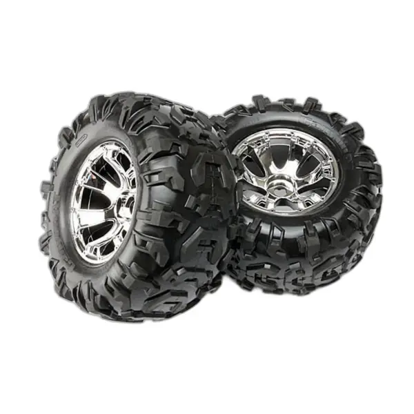 Traxxas Tires wheels assembled glued (Geode chrome wheels Canyon AT tires foam inserts) (2) (use with 17mm splined wheel hubs nuts part 5353X beadlock-style sidewall protectors part 5665 5666 5667) — image 1 of 3