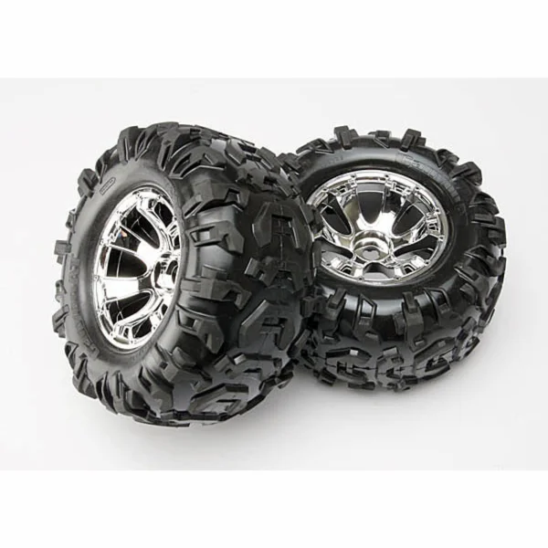Traxxas Tires wheels assembled glued (Geode chrome wheels Canyon AT tires foam inserts) (2) (use with 17mm splined wheel hubs nuts part 5353X beadlock-style sidewall protectors part 5665 5666 5667)