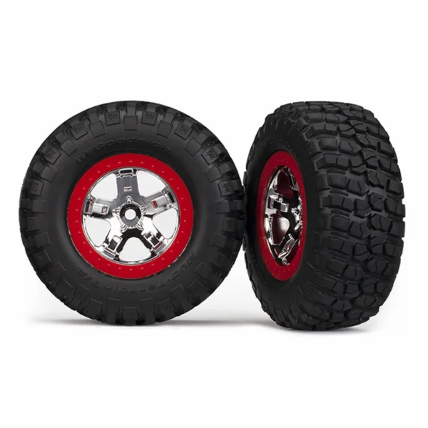 Traxxas Tires wheels assembled glued (SCT chrome red beadlock style wheels BFGoodrich Mud-Terrain T/A KM2 tires foam inserts) (2) (2WD front)