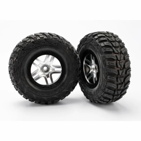 Traxxas Tires wheels assembled glued (S1 ultra-soft off-road racing compound) (SCT Split-Spoke satin chrome black beadlock style wheels Kumho tires foam inserts) (2) (2WD front)