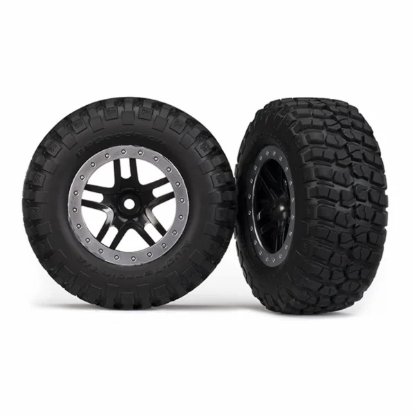 Traxxas Tires wheels assembled glued (SCT Split-Spoke black satin chrome beadlock wheels BFGoodrich Mud-Terrain T/A KM2 tires foam inserts) (2) (2WD Front)