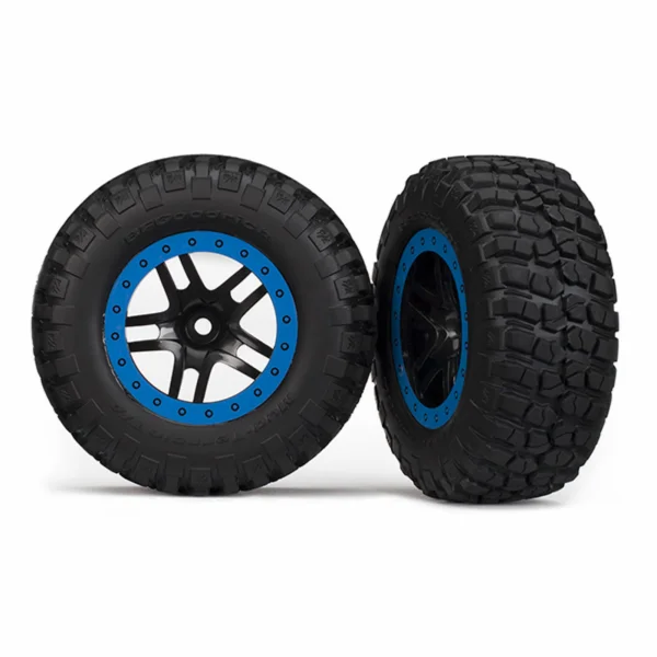 Traxxas Tire wheel assy glued (SCT Split-Spoke black blue beadlock wheels BFGoodrich Mud-Terrain T/A KM2 tires inserts) (2) (2WD Front)