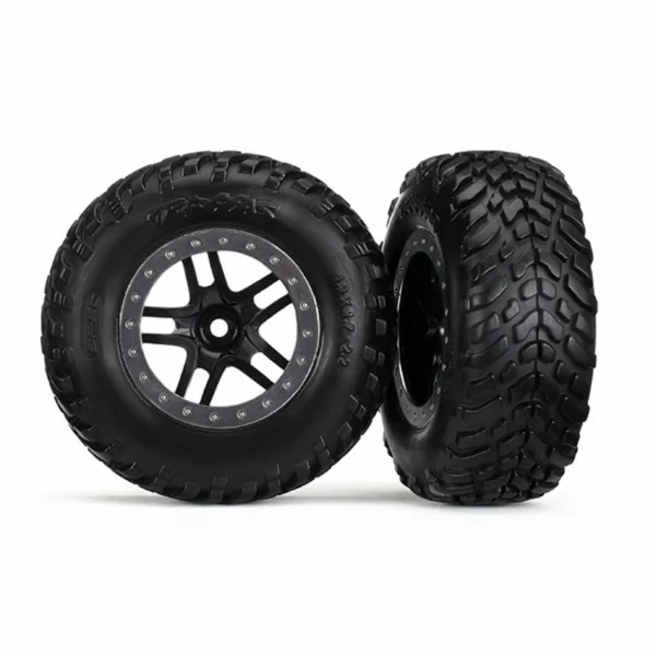Traxxas Tires wheels assembled glued (SCT Split-Spoke black satin chrome beadlock style wheel dual profile (2.2 outer 3.0 inner) SCT off-road racing tires foam inserts) (2) (4WD f/r 2WD rear) (TSM rated)