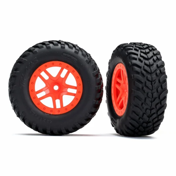 Traxxas Tires wheels assembled glued (SCT Split-Spoke orange wheels SCT off-road racing tires foam inserts) (2) (4WD f/r 2WD rear) (TSM rated)