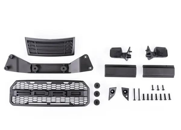 Traxxas Grille/ grille mount/ mirrors, side (left + right)/ mirror mounts (left + right)/ body mount adapter/ rear latch retainers (2)/ 2.6x8mm BCS (self-tapping) (3)/ 2.6x20mm BCS (self-tapping) (2)/ 3x10mm BCS (8) (fits &mdash; image 2 of 2