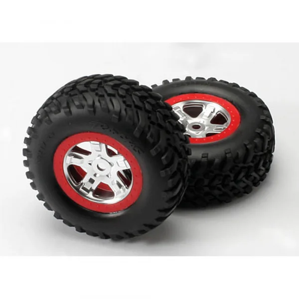 Traxxas SCT Tyres Mounted on SCT Chome/Red Beadlock Wheels - 14mm Hex (2)