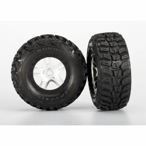 Traxxas Tires wheels assembled glued (S1 ultra-solft off-road racing compound) (SCT Split-Spoke satin chrome black beadlock style wheels dual profile (2.2 outer 3.0 inner) Kumho tires foam inserts) (2) (front/rear)
