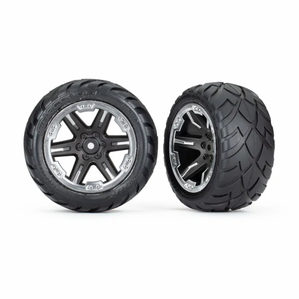 Traxxas Tyres + wheels, assembled, glued (28) (RXT black + chrome wheels, Anaconda Tyres, foam inserts) (2WD electric rear) (2) (TSM rated)