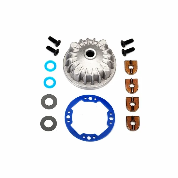 Traxxas Housing center differential (Aluminium)/ x-ring gaskets (2)/ ring gear gasket/ bushings (2)/ 5x10x0.5mm PTFE-coated washers (2)/ 2.5x8 CCS (4)